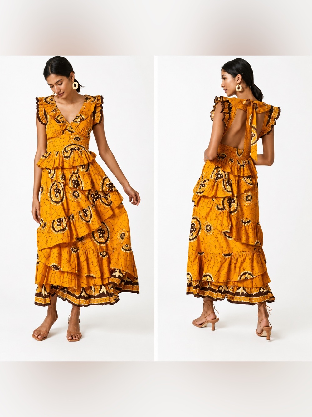 Love The Label Gigi Ruffled Boho Maxi Dress Gold Print XS/small
